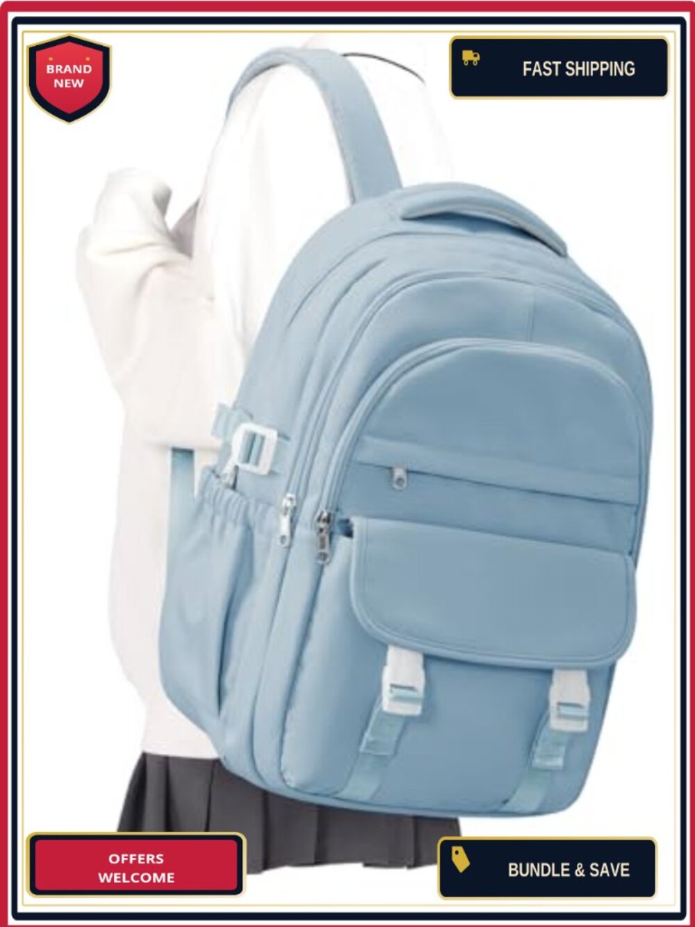 Preppy Waterproof Nylon Backpack with Lots of Pockets for School Travel Laptop